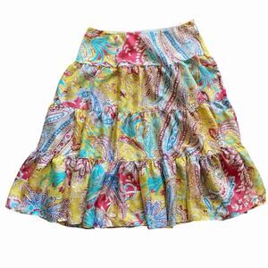 Lauren Ralph Lauren Colorful Paisley Tiered Silk A-Line Pull On Boho Midi Skirt